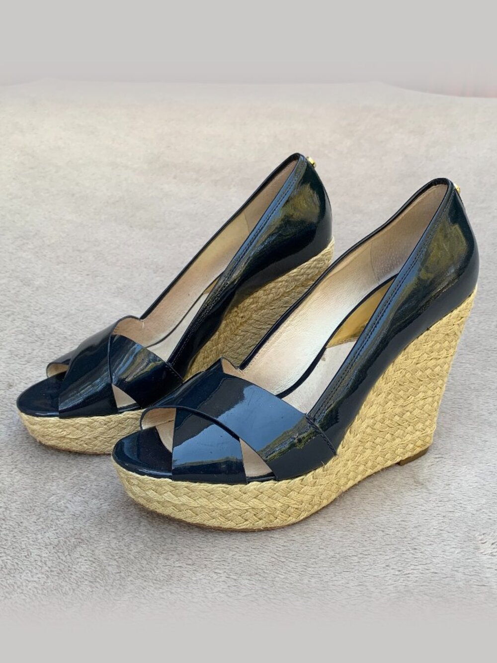 MICHAEL Michael Kors Navy Blue Leather Patent Espadrille Wedges Sz8